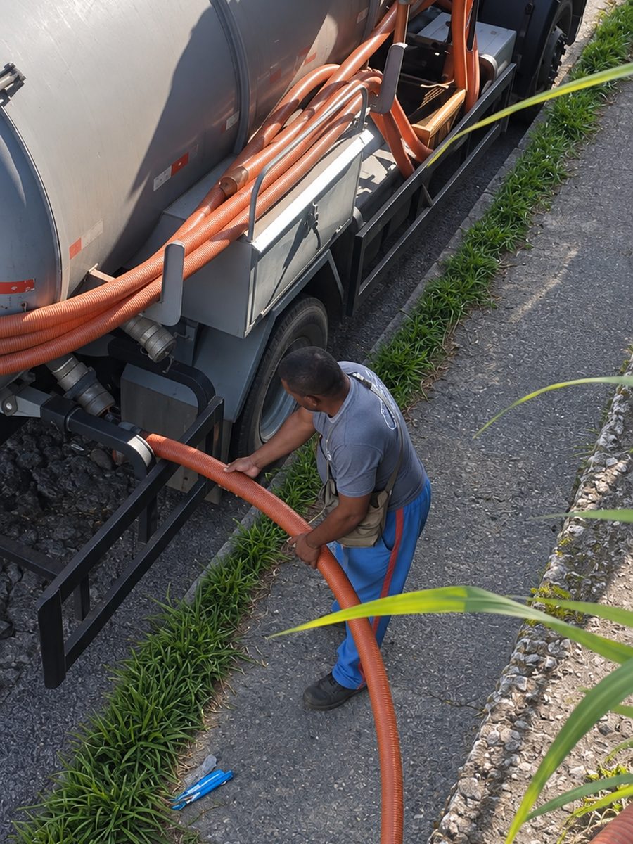 Funcionário da Ágape ajustando a mangueira de sucção ao lado de um caminhão com tanque